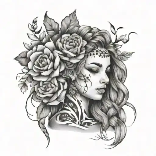 Combine braided hair with floral elements in a black and grey tattoo tattoo design idea