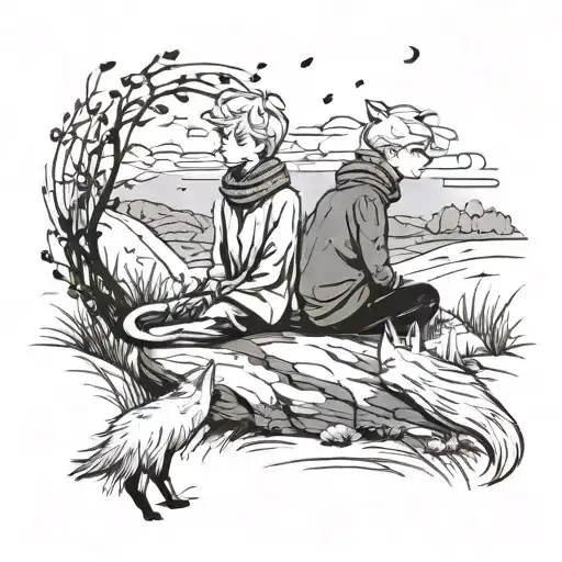 "The Little Prince and Fox sit on the ground, looking at the horizon. Scarf flowing, minimal grass/flowers, subtle shado tattoo design idea