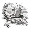 "The Little Prince and Fox sit on the ground, looking at the horizon. Scarf flowing, minimal grass/flowers, subtle shado tattoo design idea