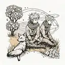 "The Little Prince and Fox sit on the ground, looking at the horizon. Scarf flowing, minimal grass/flowers, subtle shado tattoo design idea