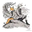 "The Little Prince and Fox sit on the ground, looking at the horizon. Scarf flowing, minimal grass/flowers, subtle shado tattoo design idea