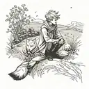 "The Little Prince and Fox sit on the ground, looking at the horizon. Scarf flowing, minimal grass/flowers, subtle shado tattoo design idea