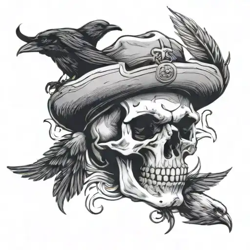 A skull wearing a Navy hat surrounded by wild crows in flight, symbolizing freedom and camaraderie in the face of danger and adventure tattoo design idea