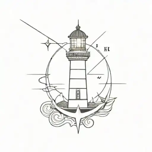A lighthouse mixed with an anchor and a compass rose tattoo design idea
