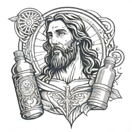 A portrait of Jesus Christ surrounded by symbols of fitness and health, such as a heart rate monitor and protein shake bottle tattoo design idea