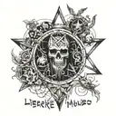 Incorporate a pentagram with a voodoo shaman surrounded by the text "liberare me ex incubo, daemonio" tattoo design idea