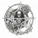 Incorporate a pentagram with a voodoo shaman surrounded by the text "liberare me ex incubo, daemonio" tattoo design idea