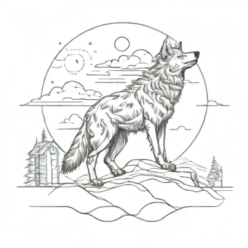 A sketch-style tattoo of a wolf howling at the sky, with a silhouette of an engineer working on a project in the background, symbolizing the balance between your love for nature and your dedication to your work tattoo design idea