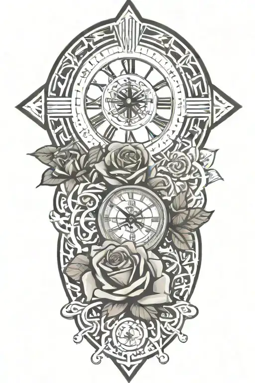 two roses, cross with jesus face and clock with aztec tattoo design idea