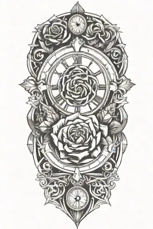 rose, cross and clock melting tattoo design idea
