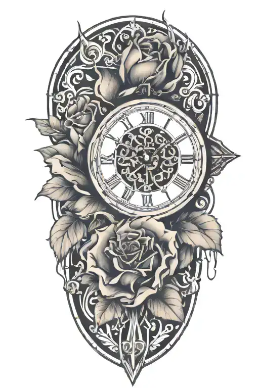 rose, cross and clock melting tattoo design idea