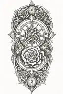 rose, cross and clock melting tattoo design idea