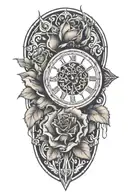 rose, cross and clock melting tattoo design idea