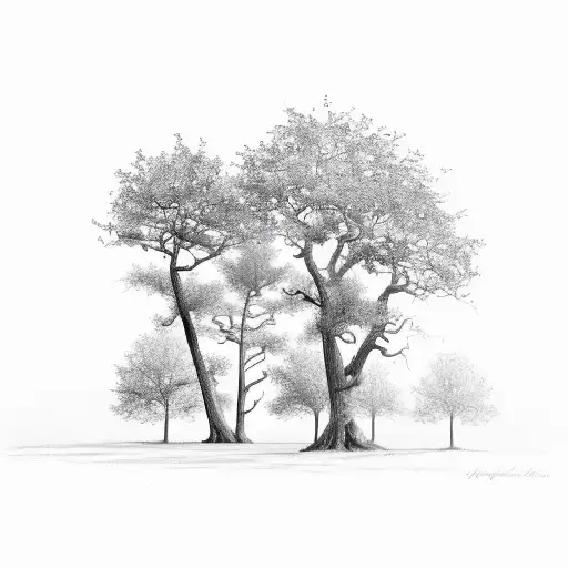 three Oak trees trees in cloudy forest tattoo design idea