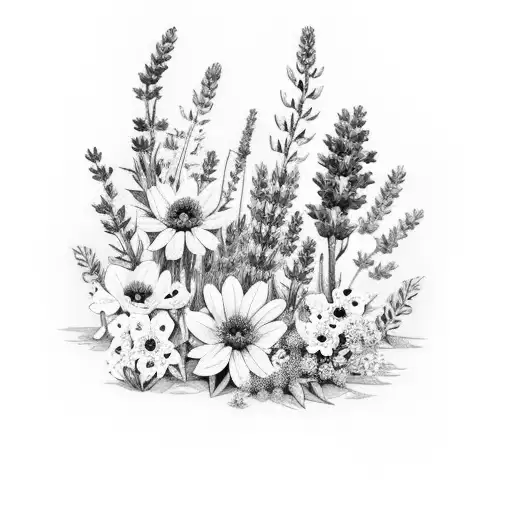  fine line bundle of wildflowers featuring lavender, wild roses, forget me not, lupine, and pine tattoo design idea