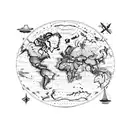 historic World Map upper half-sleeve with an exploration ship, no lattitude/longitude lines, include equator line,  tattoo design idea