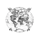 historic World Map upper half-sleeve with an exploration ship, no lattitude/longitude lines, include equator line,  tattoo design idea