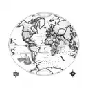 historic World Map upper half-sleeve with an exploration ship, simple, correct scale of continents tattoo design idea