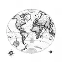 historic World Map upper half-sleeve with an exploration ship, simple, correct scale of continents tattoo design idea