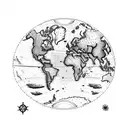 historic World Map upper half-sleeve with an exploration ship, simple, correct scale of continents tattoo design idea