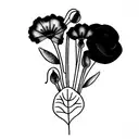 bouquet with poppy, crimson clover, morning glory, roses, carnations, wisteria, daisy, ivy  tattoo design idea