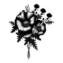 bouquet with poppy, crimson clover, morning glory, roses, carnations, wisteria, daisy, ivy  tattoo design idea