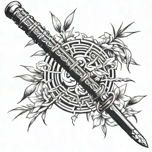 Tattoo sketch, bamboo stems, katana sword, thin lines, many details tattoo design idea