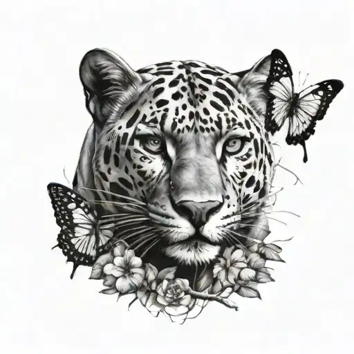 Tattoo sketch, black and white, panther, butterfly, tree branches, thin lines, many details tattoo design idea