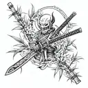 Tattoo sketch, bamboo stems, katana sword, thin lines, many details tattoo design idea