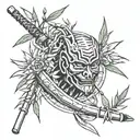Tattoo sketch, bamboo stems, katana sword, thin lines, many details tattoo design idea