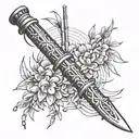 Tattoo sketch, bamboo stems, katana sword, thin lines, many details tattoo design idea