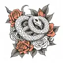 Tattoo sketch, black and white, snake, rose, sword, thin lines, many details tattoo design idea