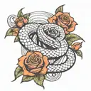 Tattoo sketch, black and white, snake, rose, sword, thin lines, many details tattoo design idea