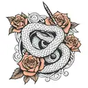 Tattoo sketch, black and white, snake, rose, sword, thin lines, many details tattoo design idea
