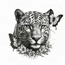 Tattoo sketch, black and white, panther, butterfly, tree branches, thin lines, many details tattoo design idea