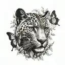Tattoo sketch, black and white, panther, butterfly, tree branches, thin lines, many details tattoo design idea