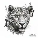 Tattoo sketch, black and white, panther, butterfly, tree branches, thin lines, many details tattoo design idea