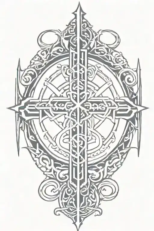 Bold cyber sigilism tattoo with cross and holy trinity incorporated  tattoo design idea