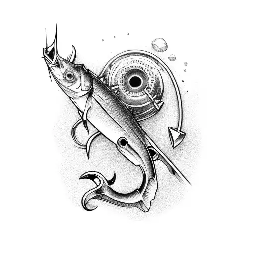 j hook, anchor, needle and thread, fishing pole tattoo design idea