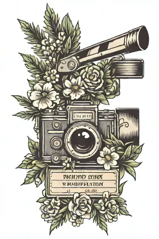 A tattoo design of a filmmaker's clapboard surrounded by a wreath of wildflowers and pine trees, representing the client's passion for both film and nature tattoo design idea