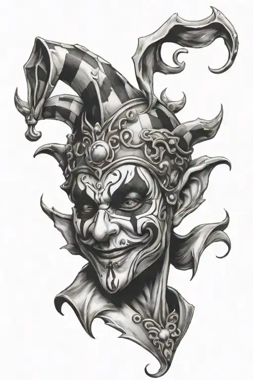 jester taking off a mask tattoo design idea