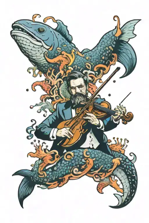 A symphony conductor directing an orchestra made up of sea creatures tattoo design idea