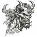 Central Figure: A devil with a muscular build, dark skin, and an intense, menacing expression. The devil's eyes could be tattoo design idea