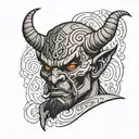 Central Figure: A devil with a muscular build, dark skin, and an intense, menacing expression. The devil's eyes could be tattoo design idea