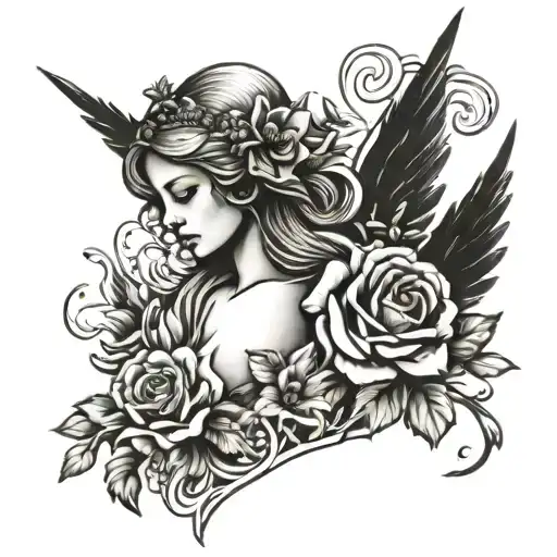 Angel silence and flowers tattoo design idea