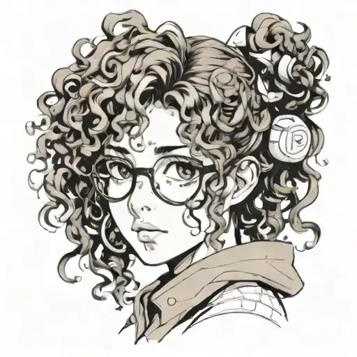 girl with curly hair, with small, slanted brown eyes, freckles on her nose and cheeks, with glasses tattoo design idea