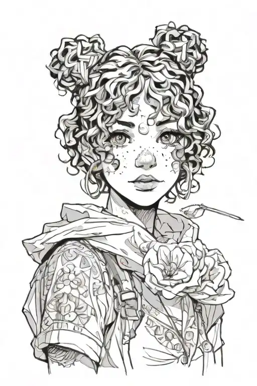girl with short, curly hair, with small, slanted brown eyes, with freckles on her nose and cheeks, tattoo design idea