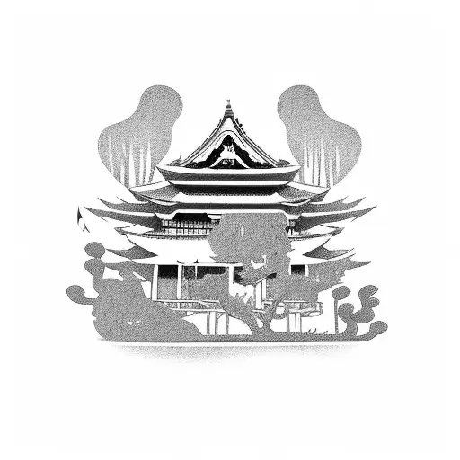Geisha japanese house on a road with a cat tattoo design idea