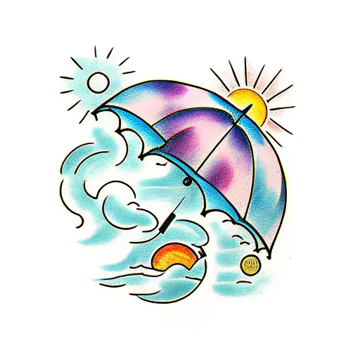 umbrella with rain and Sun and moon tattoo design idea