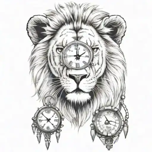 lion with clock on eye tattoo design idea